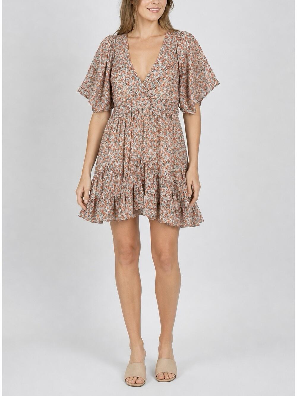 Storia Floral Tiered Mini Dress Womens Small Pink Babydoll Dainty Boho Cottage